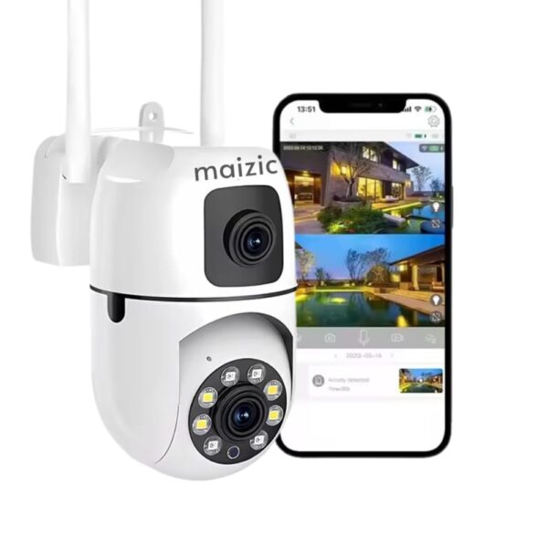 Maizic Smarthome 5MP + 5MP Wireless WiFi CCTV Camera Dual Lens/Dual Screen Video Record, Color Night Vision, Bullet+360° PTZ Control, PIR Motion Sensor, IP66 Waterproof