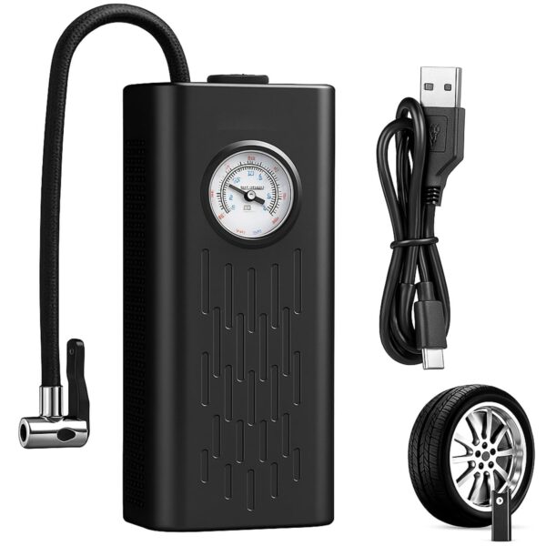 Car & Bike Tyres – Portable Electric Air Compressor with Pressure Gauge 150 PSI, Fast Inflation,type C pin Rechargeable, easy to use – Compact Mini Air Pump for Home & Travel